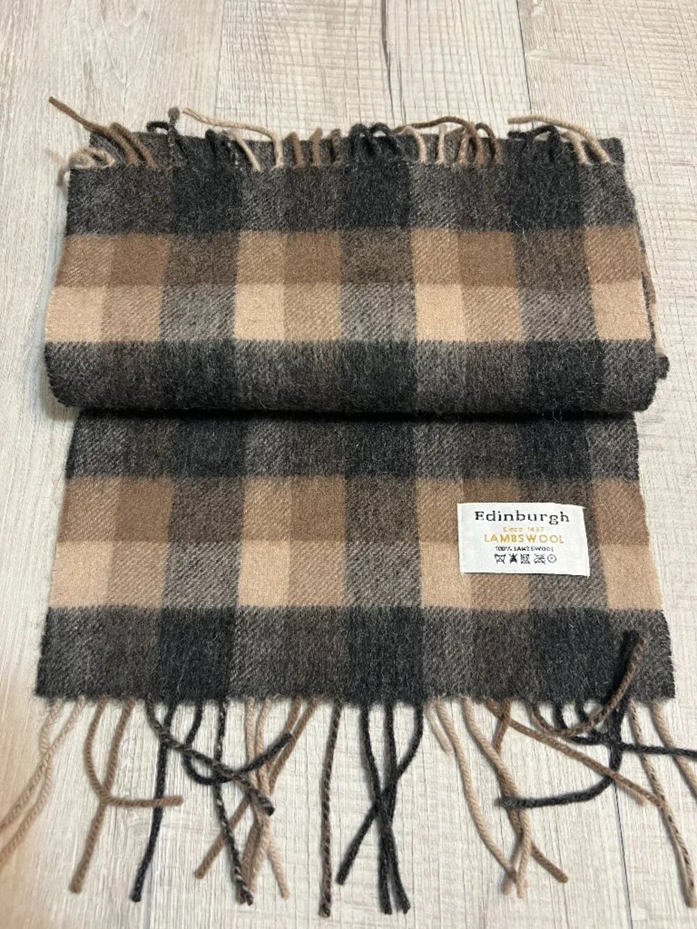 Edinburgh 100% Lambswool Scarf Brown Black Plaid Tartan Check Winter Warm Wool